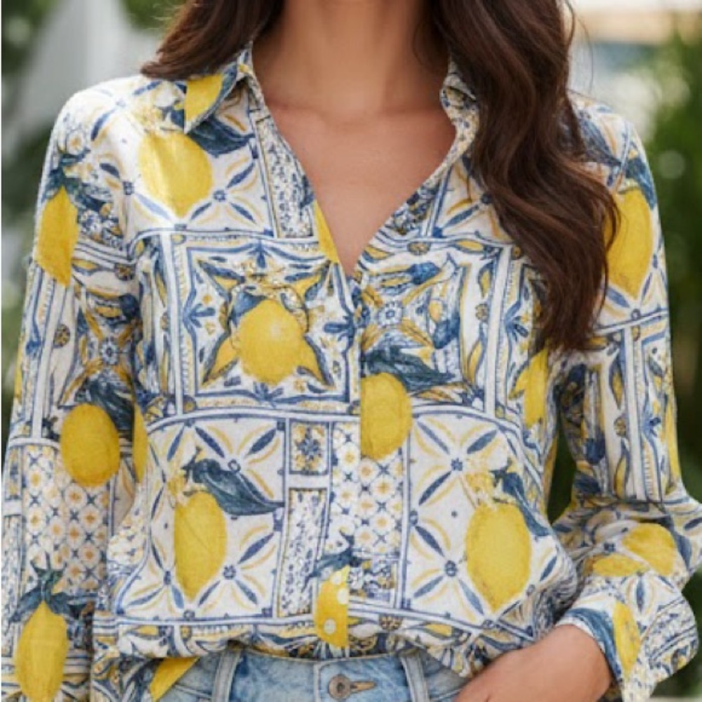 Women’s Lemon-Print Button Front Blouse - Yellow